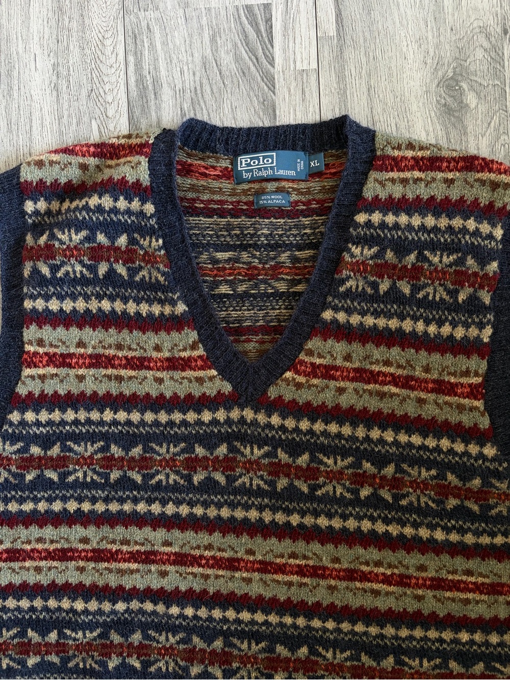 Polo by Ralph Lauren Navy Red Tan Fair Isle V-Neck Sweater Vest - Picture 2 of 6